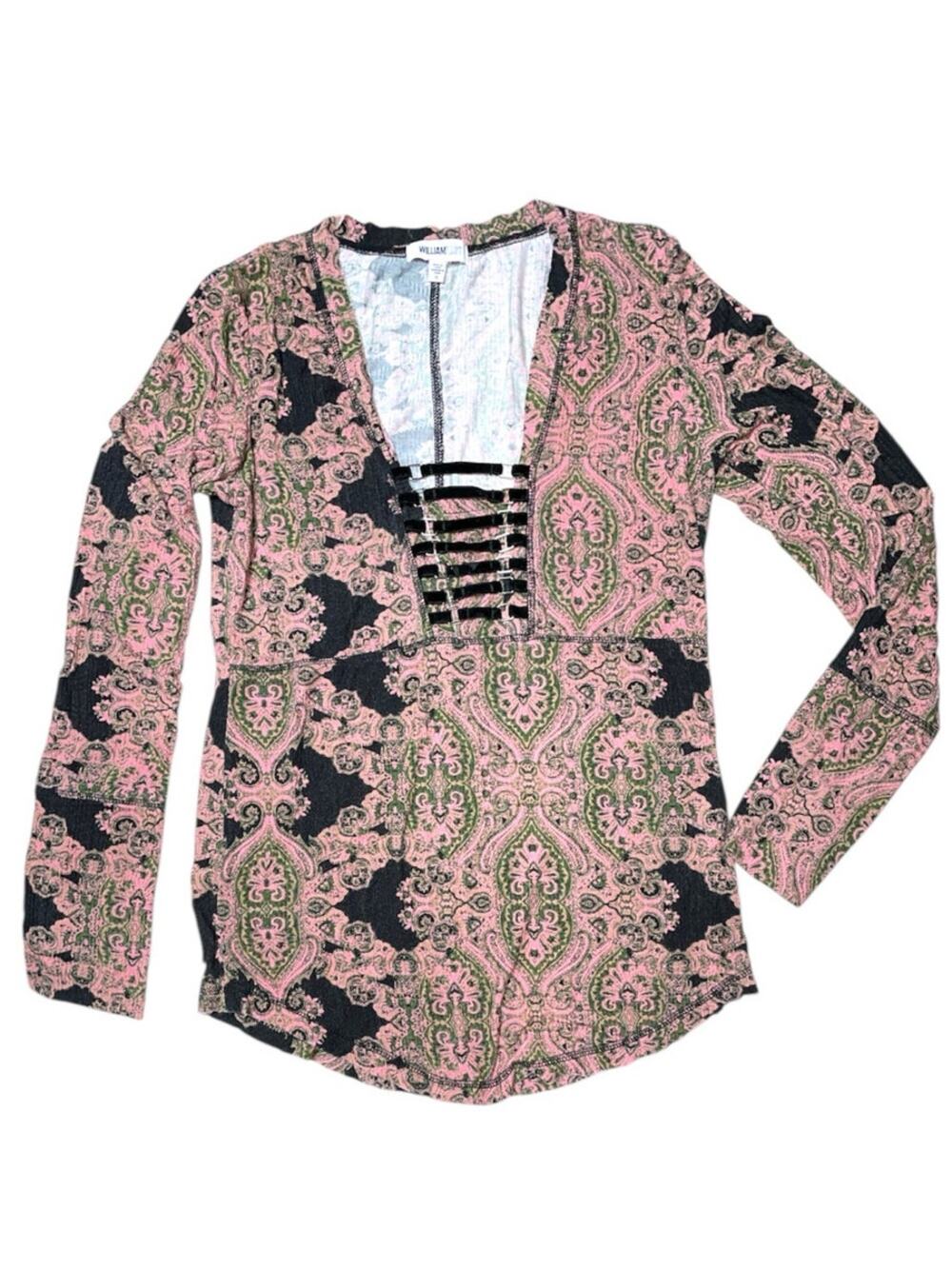 William Rast Pink Paisley Micro-ribbed Laced Long Sleeve Top XL
